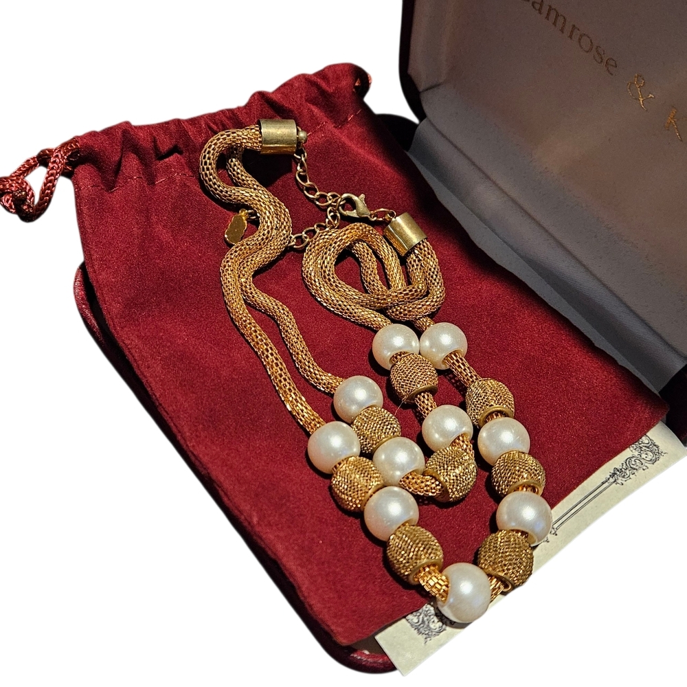 Camrose Kross JBK Jackie Faux White Pearl Gold Tone Mesh Chain Necklace 15" - Picture 2 of 7